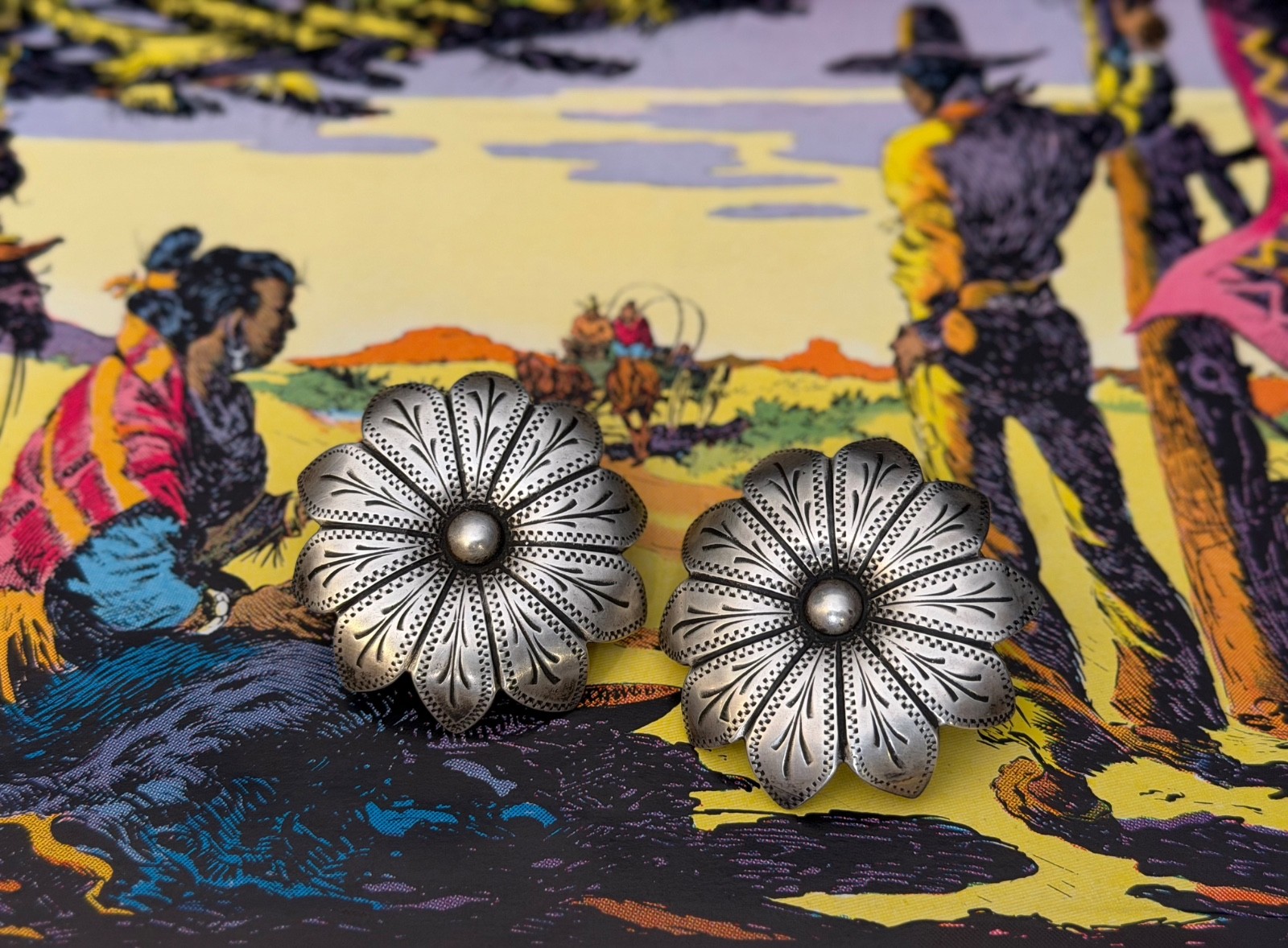 STUNNING Pair of Silver Engraved “Flower” Conchos - Spur Straps / Headstall