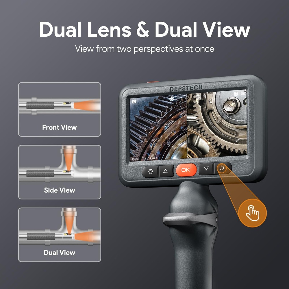 Dual Lens Borescope Camera with Light, Two-Way Articulating Borescope, 5" IPS...