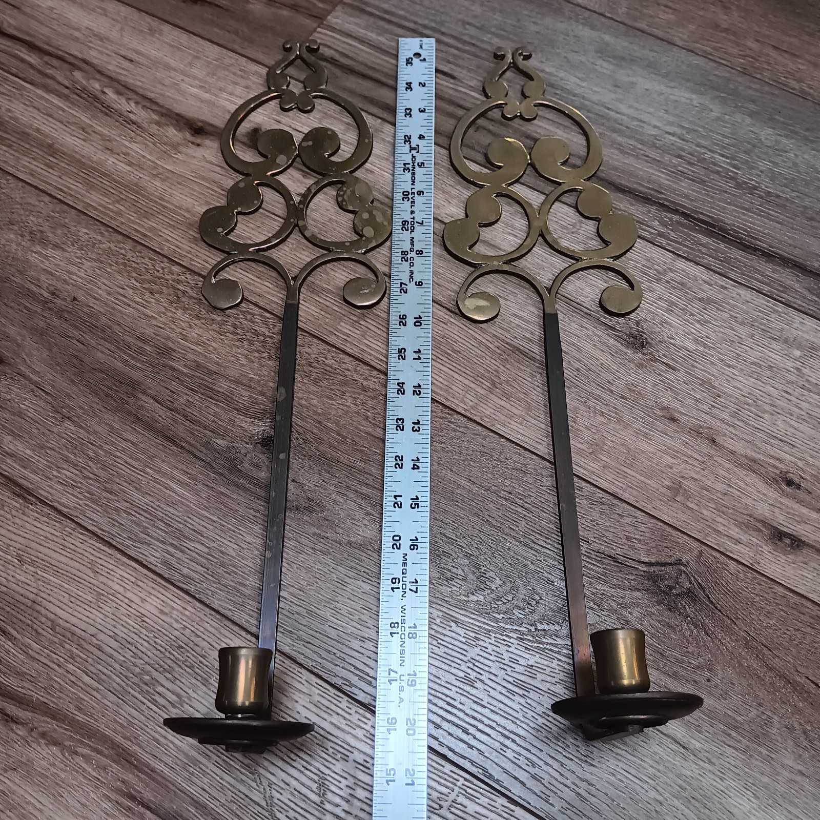 Set Of 2 Lg Vintage Brass Candle Holder 20” Wall Sconces Key Hole Scroll Design