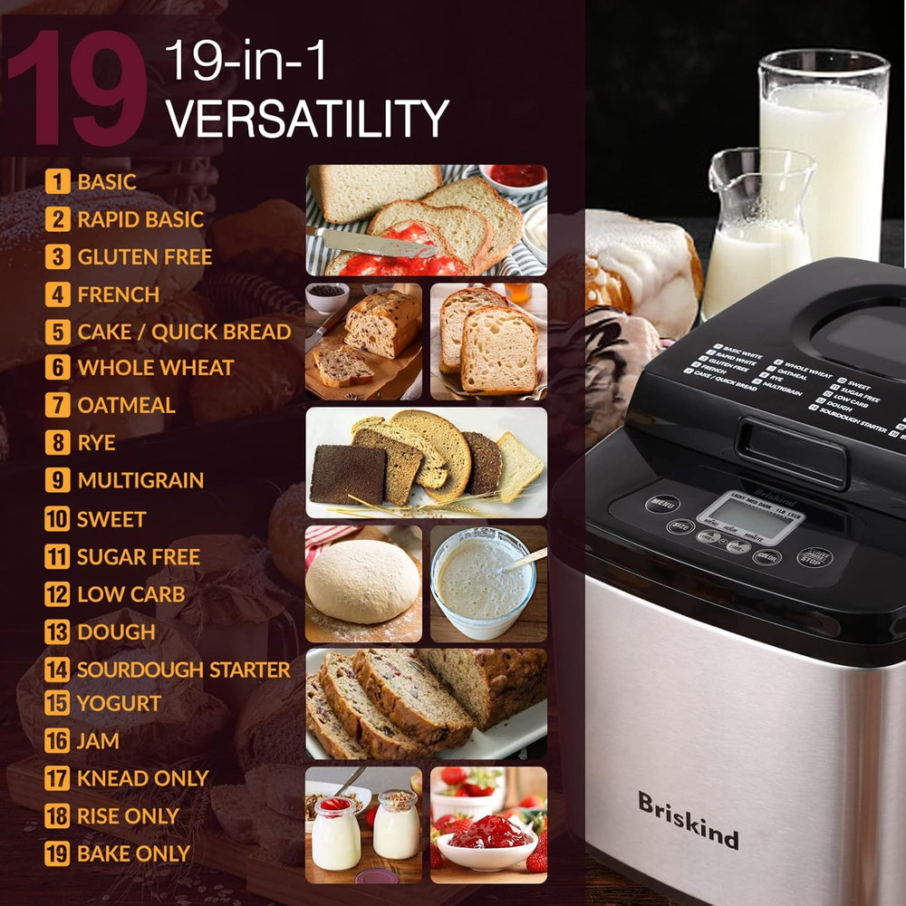 19-In-1 Compact Bread Maker Machine, 1.5 Lb / 1 Lb Loaf Small Breadmaker with Ca