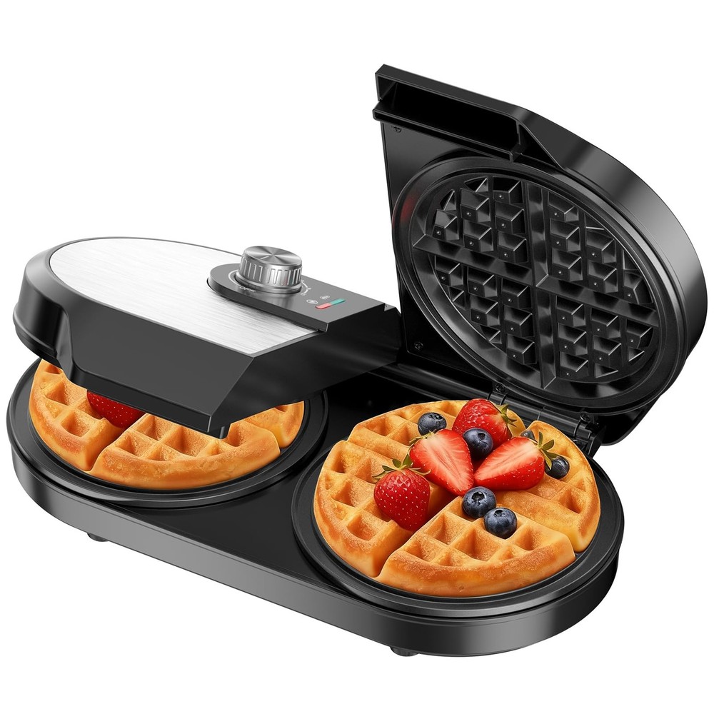 Double Waffle Maker, Belgian 6.5 Inch 2 Slices, Black