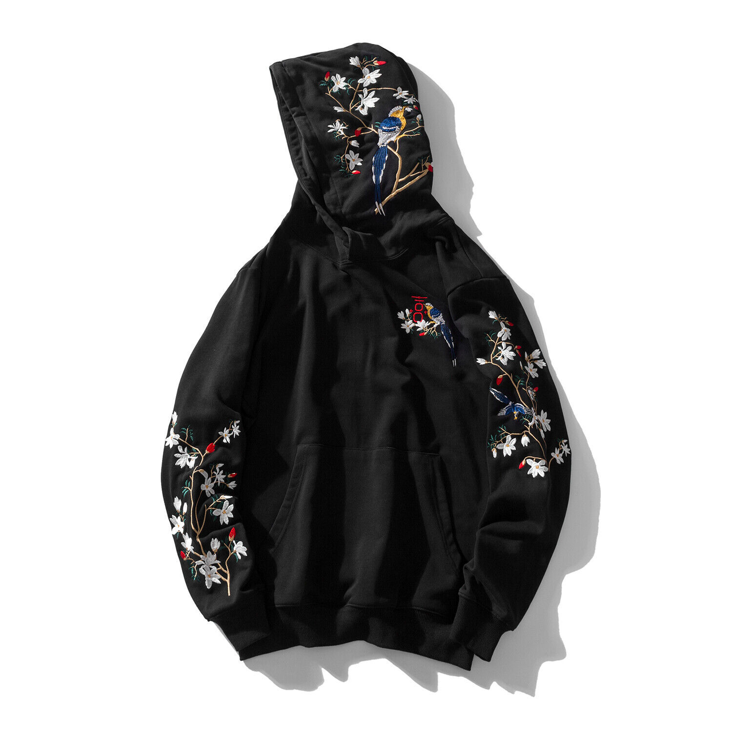Niepce Birds and Flowers Embroidered Black Hoodie Japanese Streetwear Sweatshirt