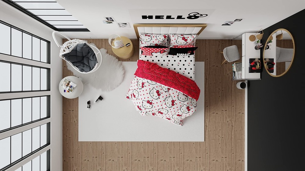 Hello Kitty 7 Piece Queen Size Bedding Set Microfiber Reversible Comforter