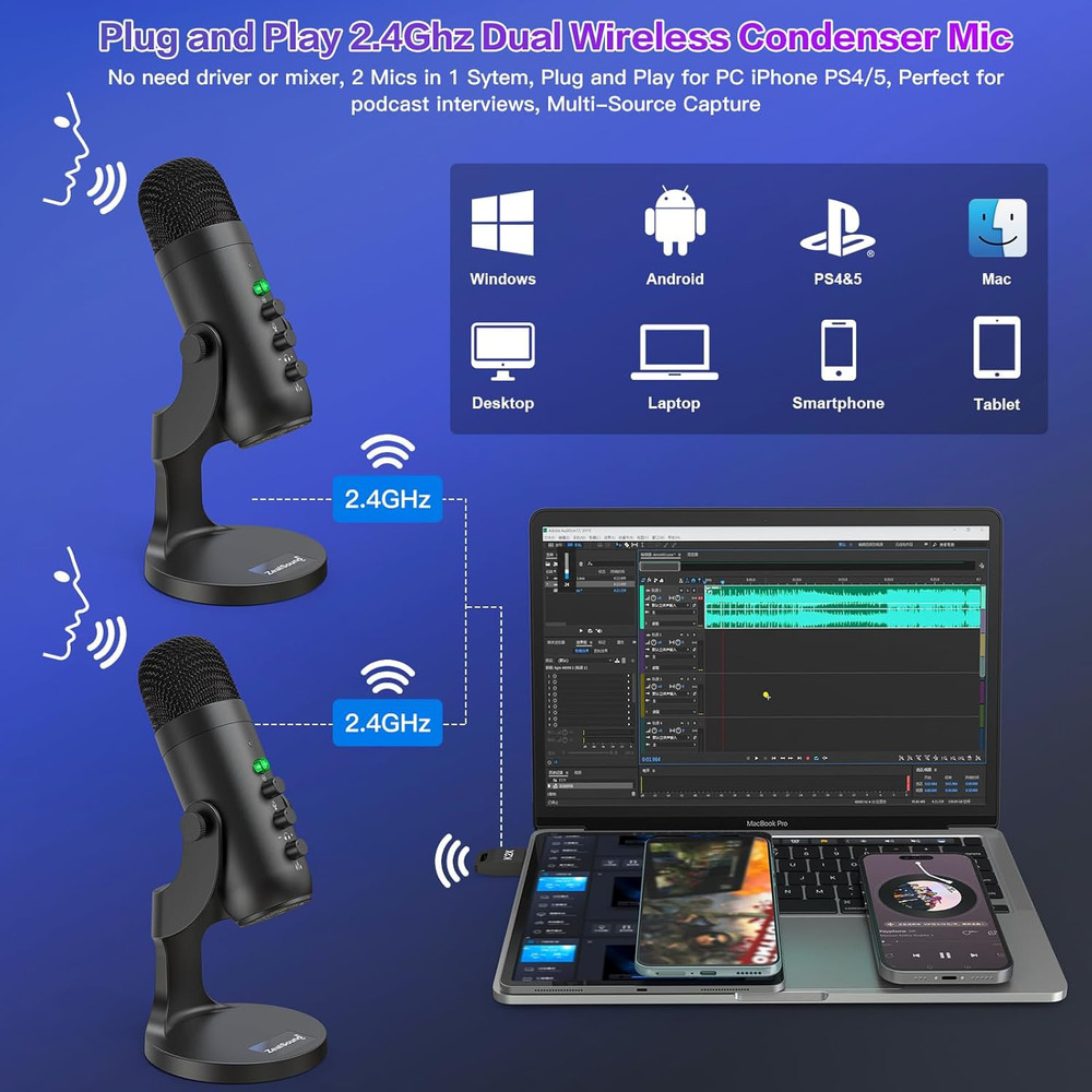 Podcast Microphone, Podcast Equipment Bundle for Iphone PC Ipad Android, Dual Wi