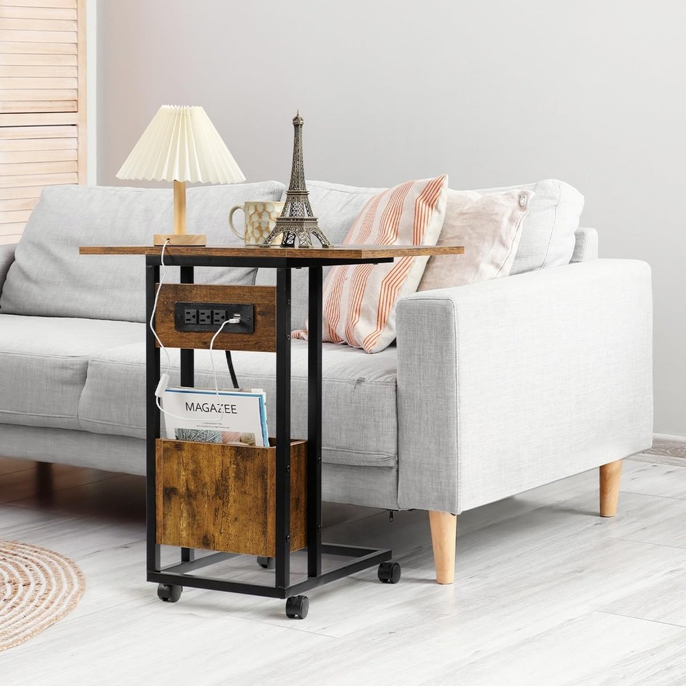 Hadulcet C Shaped End Table with Charging Station & Foldable Tabletop, Foldin...