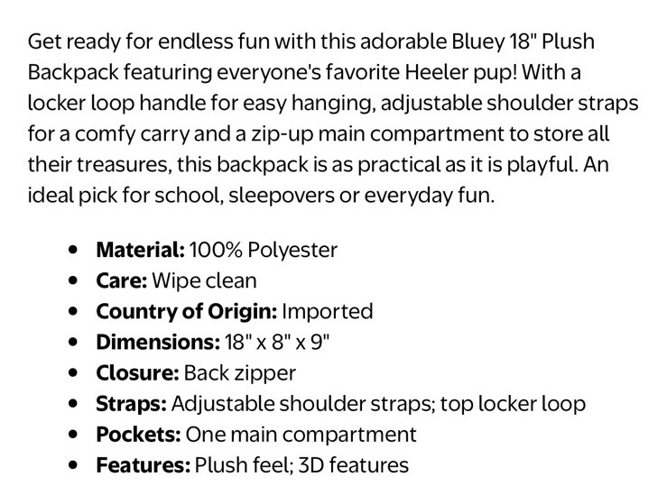 NWT Bluey Kids' 16" Plush Backpack