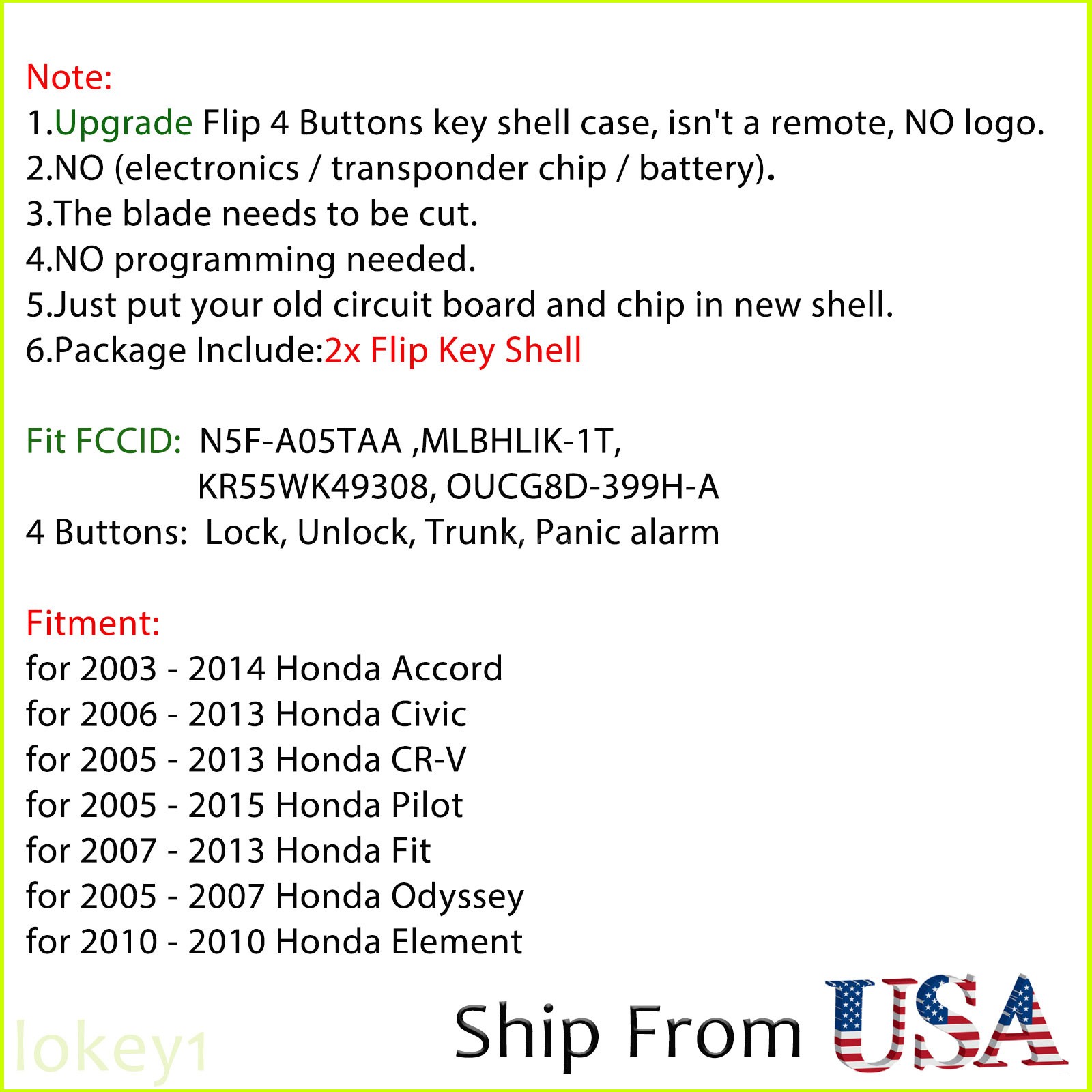 2 Flip Key Case Upgrade for 2006 - 2013 Honda Accord Civic CRV Remote Fob Shell