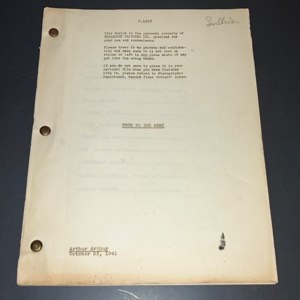 Original 1941 True to the Army Movie Script Paramount Sequence Drafts Archive CO