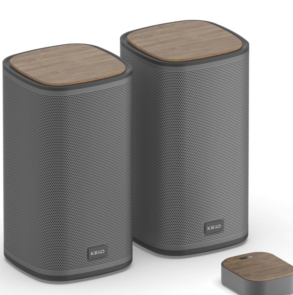 Wireless Bluetooth Desktop Speakers with Touch Control Pod - Walnut & Steel -...