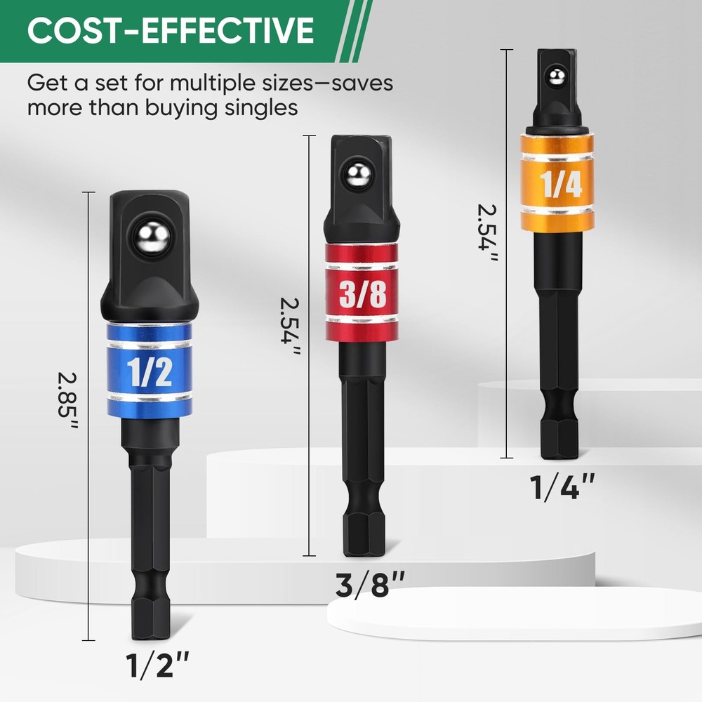 Pkuukme 3PCS Impact Socket Adapter Set - 1/4, 3/8, 1/2 Drill Socket Adapters