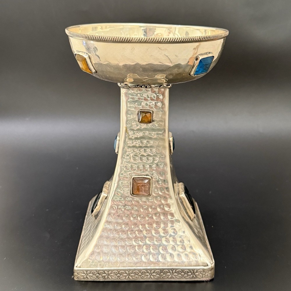 Vintage Hammered Silver Plated Bejeweled Cabochon Decorative 8” Candle Holder