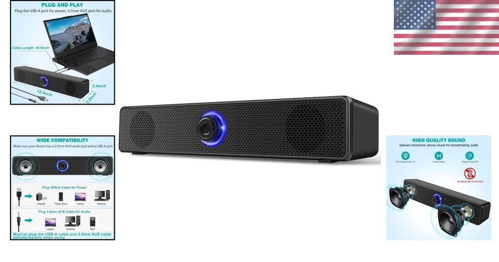 USB-A Powered Stereo Desktop Speakers - Compact Wired Audio Solution