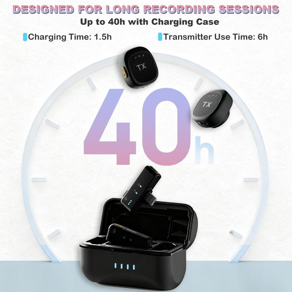 Wireless Lavalier Microphone for iPhone & Android, Clip-On Mini Mic with Char...