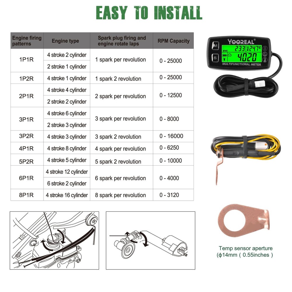 Yooreal Digital Tach Hour Meter,Small Engine Temperature HM035A TS002
