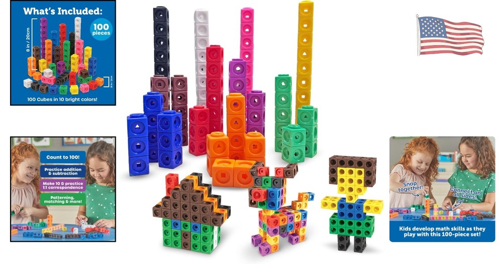 Durable MathLink Cubes: 100 Colorful Cubes for Creative Math Learning Ages 5+