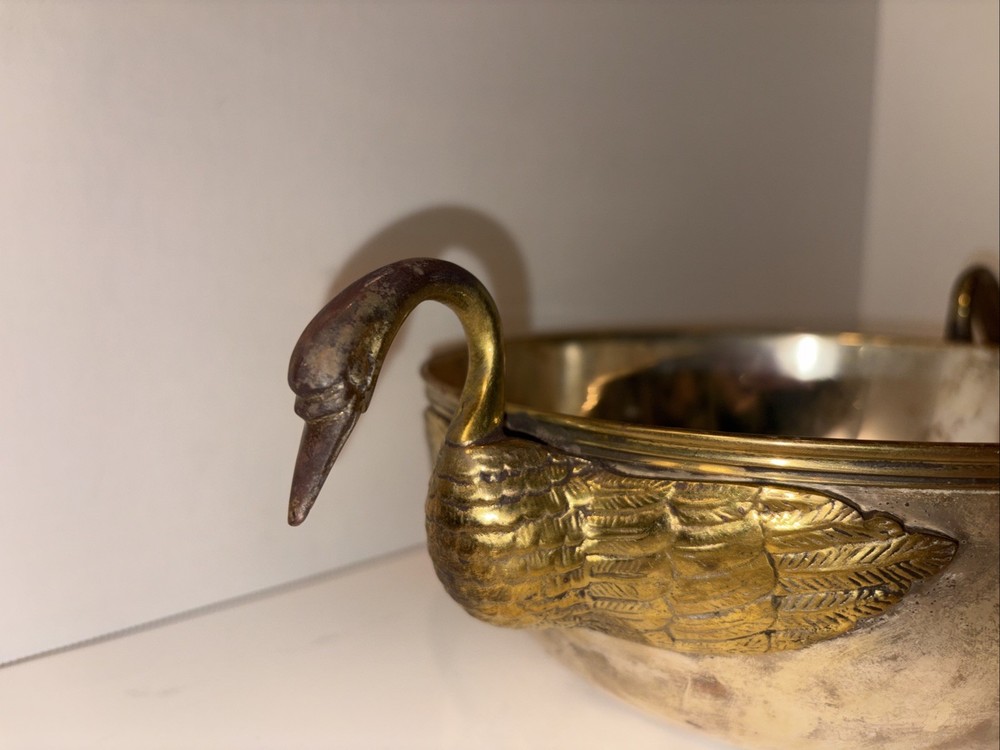 Antique Solid Brass Silverplate Large Bowl With Duck Handles