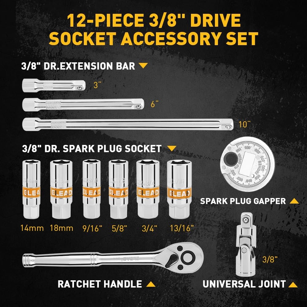 12-Piece 3/8" Drive Spark Plug Socket Set with Ratchet Handle, Universal Join...