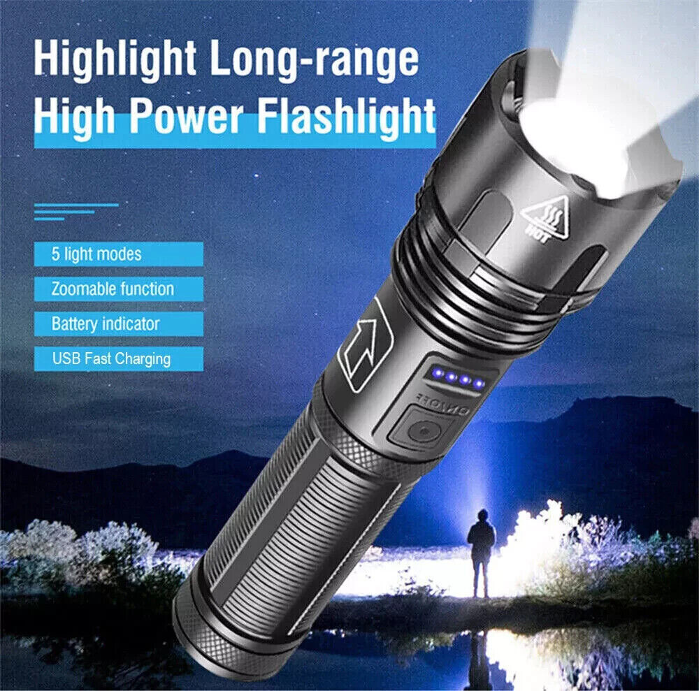 9000000 Lumens Super Bright LED Flashlight Tactical Rechargeable LED Work Lights