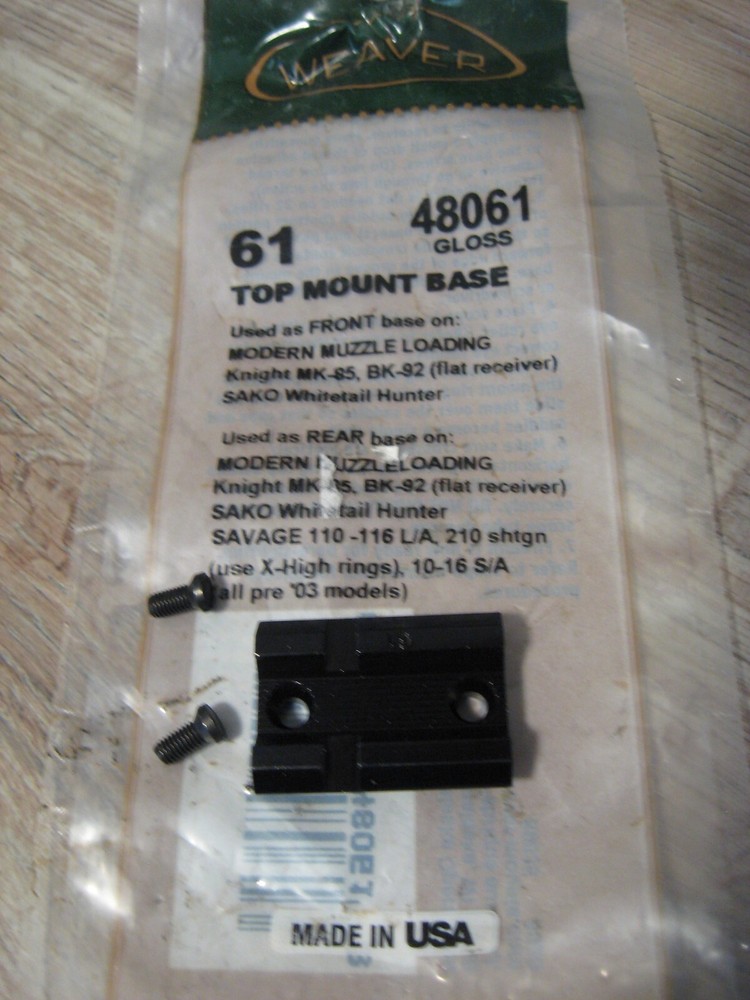 Weaver 48061 Scope Top Mount Base 61 Muzzleloader Base Black Gloss Finish
