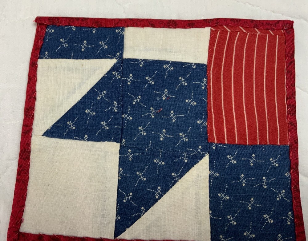 Antique Vintage Patchwork Quilt Table Topper, Small, Triangles, Squares, Navy