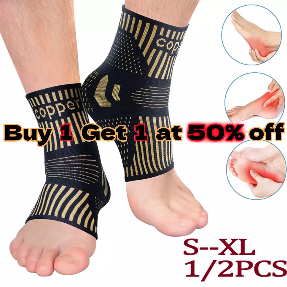 Copper Ankle Support Brace Stabilizer Compression Sleeve Socks Foot Pain Relief