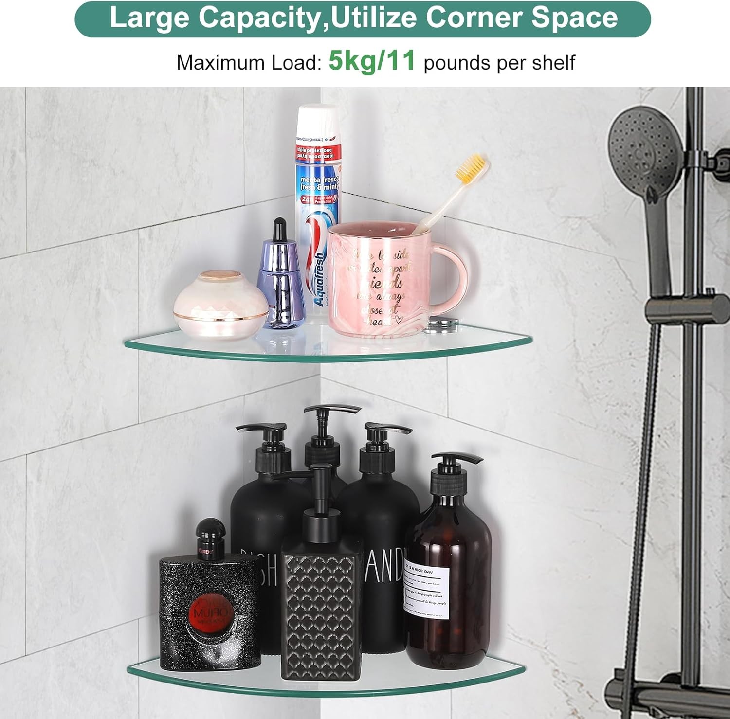 Glass Corner Shower Shelves, Tempered Floating Glass Shelves Wall Mount,