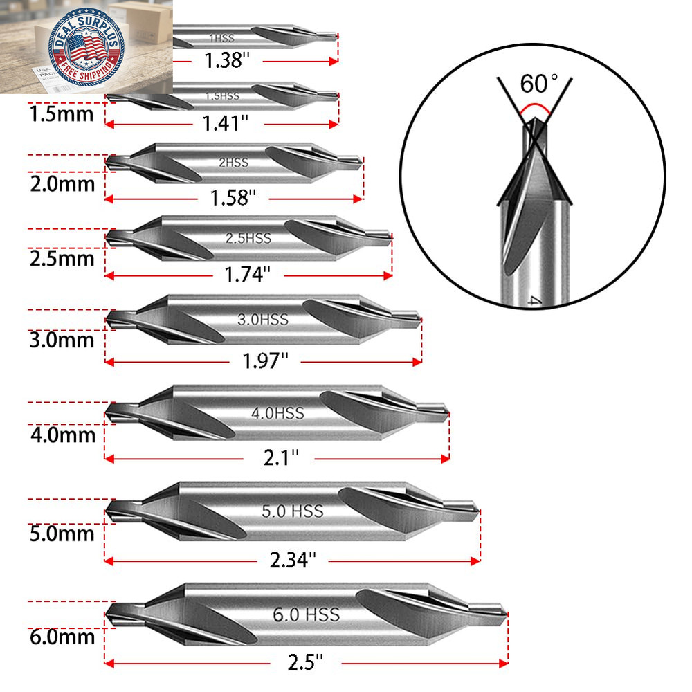 8 PCS Center Drill Bits Set, Countersink Tools for Lathe Metalworking 60 Degree