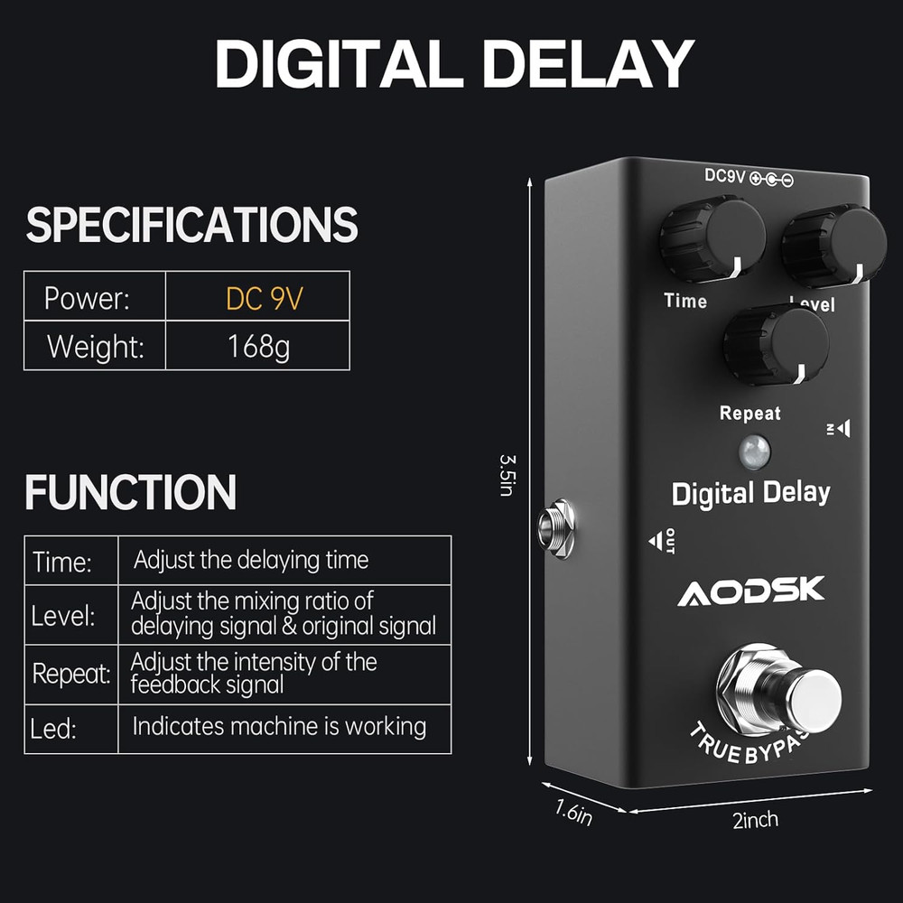 Electric Guitar Effect Pedal, Digital Delay, Time, Level, Repeat,True Bypass, 9V