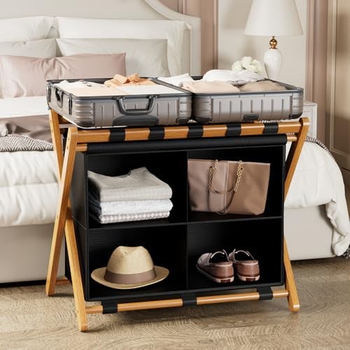 Bamboo Luggage Rack with 4 Storage Compartments, Foldable Suitcase Walnut 1 Pcs