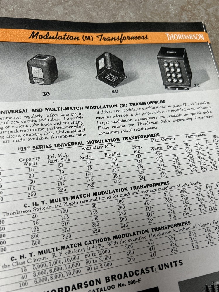 TRANSFORMERS BY THORDARSON COMPLETE CAT. NO 400-FX 1942 & COMPARISON DATA JB61