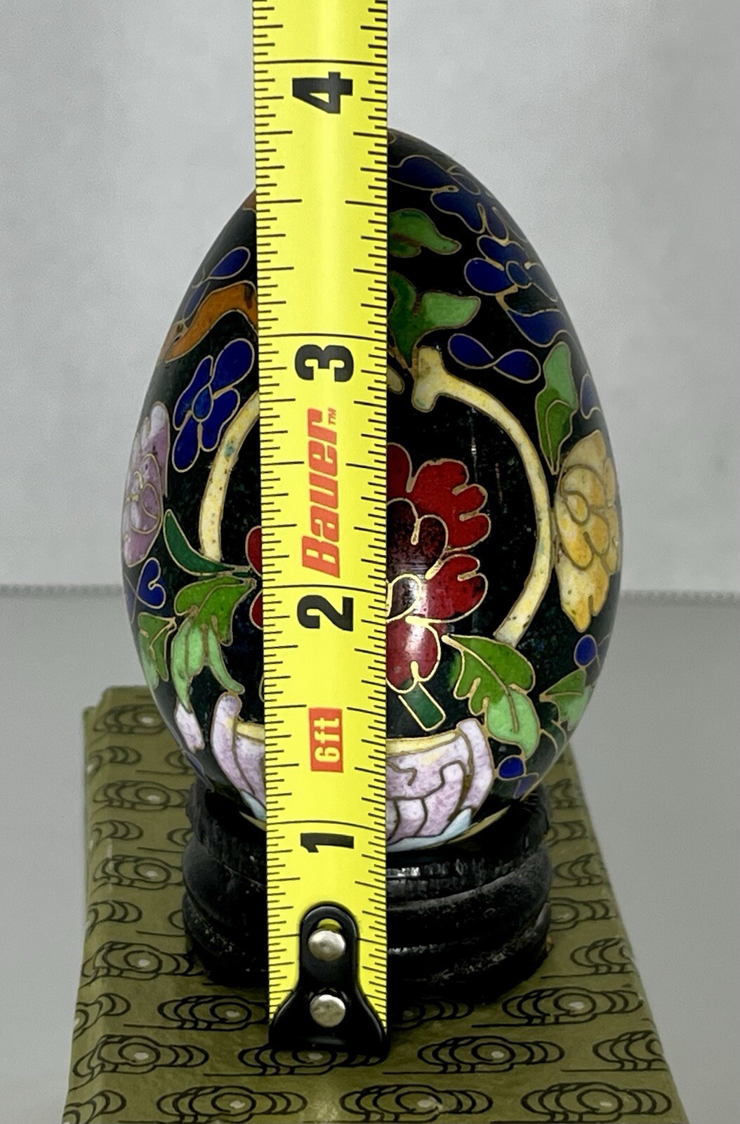 Vintage Chinese Black Cloisonné Enamel Copper Egg Pink Flowers Wood Stand In Box
