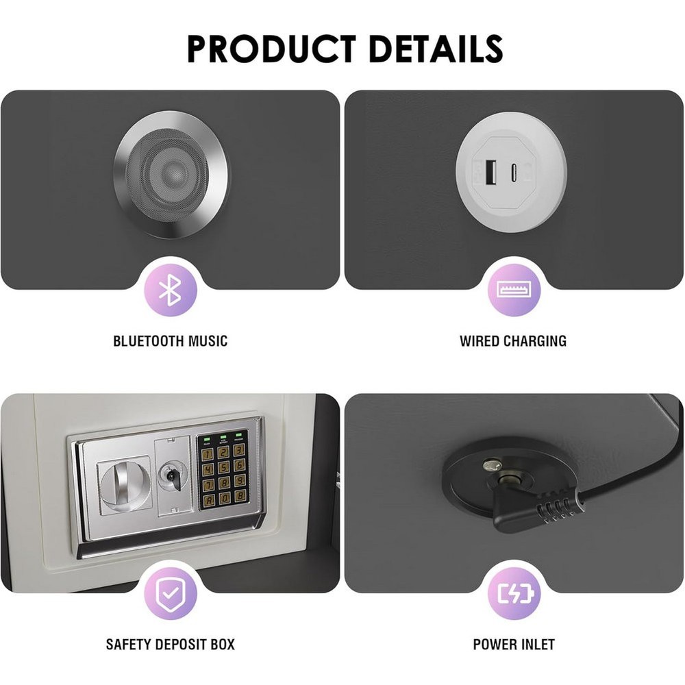 Smart Nightstand with Drawers and Safe,Wireless Charging Bluetooth Bedside Table