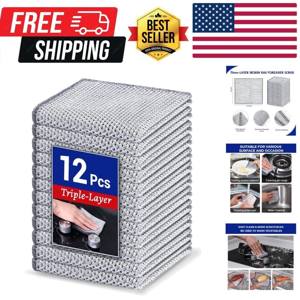 12 PCS 3-Layer Non-Scratch Multipurpose Steel Wire Dishcloths - Reusable Quick-D