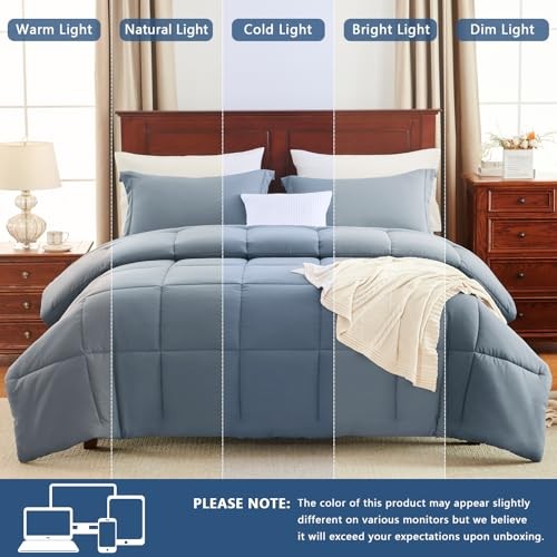 Size Comforter Set - Comforter Size, 3 Pieces Box Stitched Queen Grayish Blue