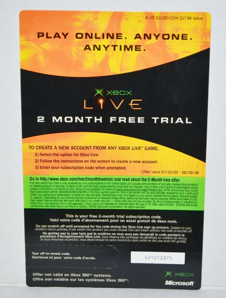 Original Microsoft Xbox Live 2 Month Free Trial Code Scratch Card Subscription