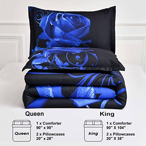 Blue Comforter Set King Reversible Blue Rose Pattern Printed Bedding