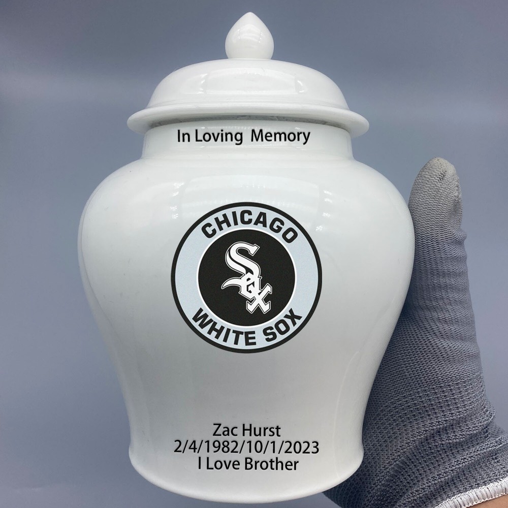 Ceramic Medium Urn for Chicago White Sox Baseball Theme, Custom Text & Number