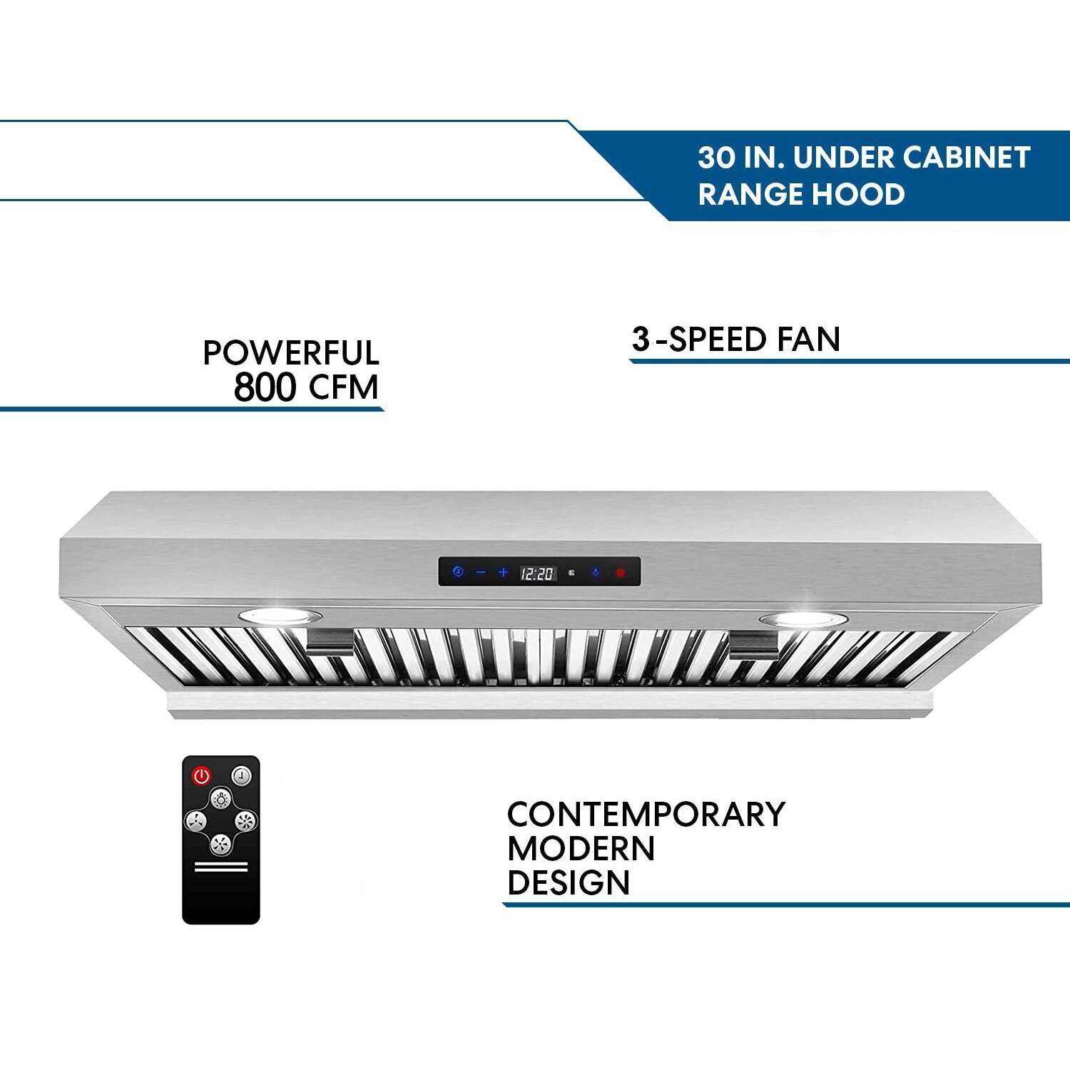 30 inch Under Cabinet Kitchen Range Hood 800CFM 3-Speed Remote Touch Control LED