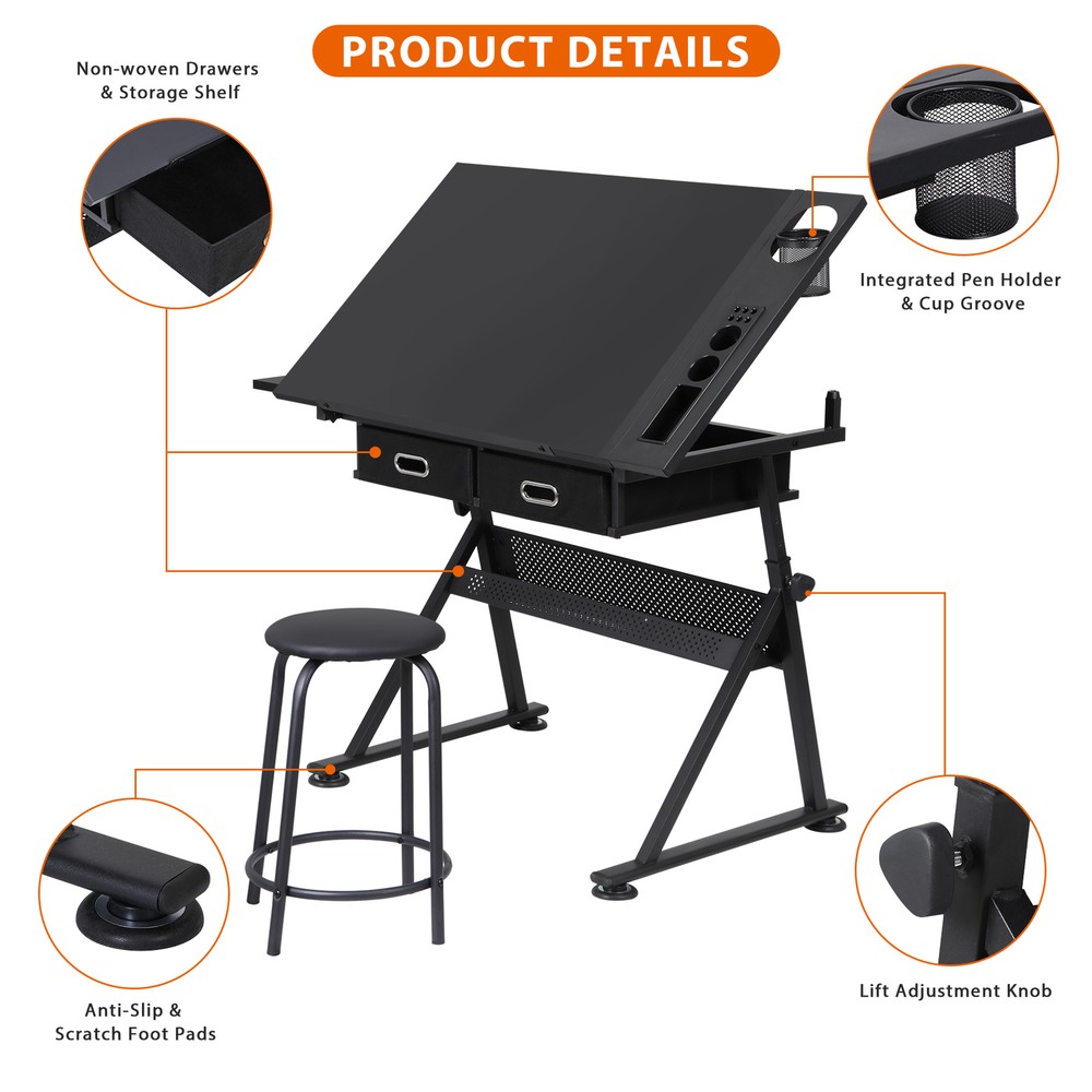 MDF Black Workstation Drafting Table Set with Stool and Storage Drawer 28-35.8"H