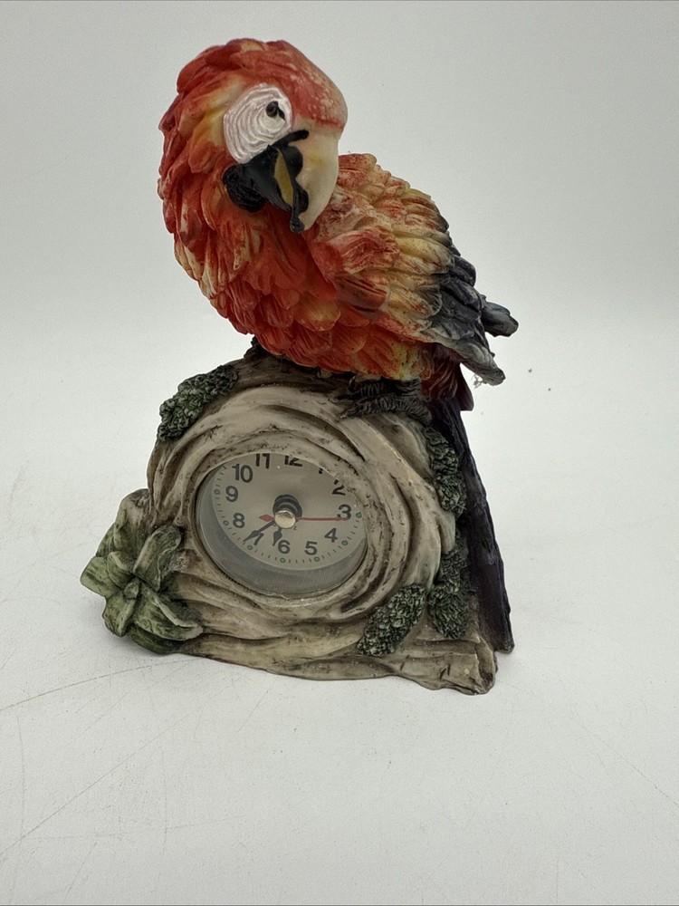 Red Parrot Desk Clock Working Approx 6.5" Tall 5" Wide