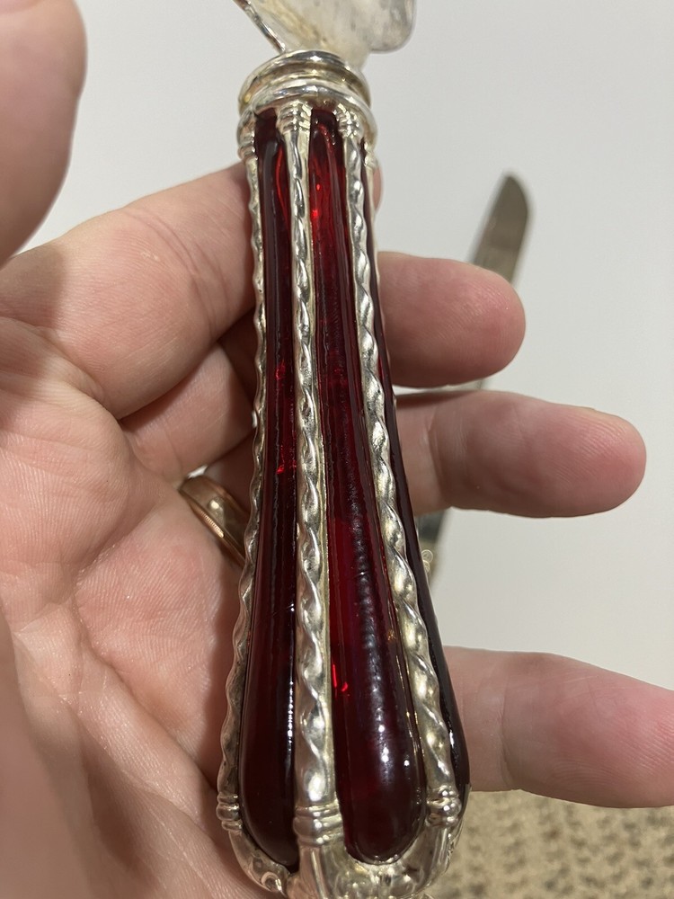 Silver Plated Dessert Set-Knife & Server w/Ruby Red Glass & Silver Accent Handle