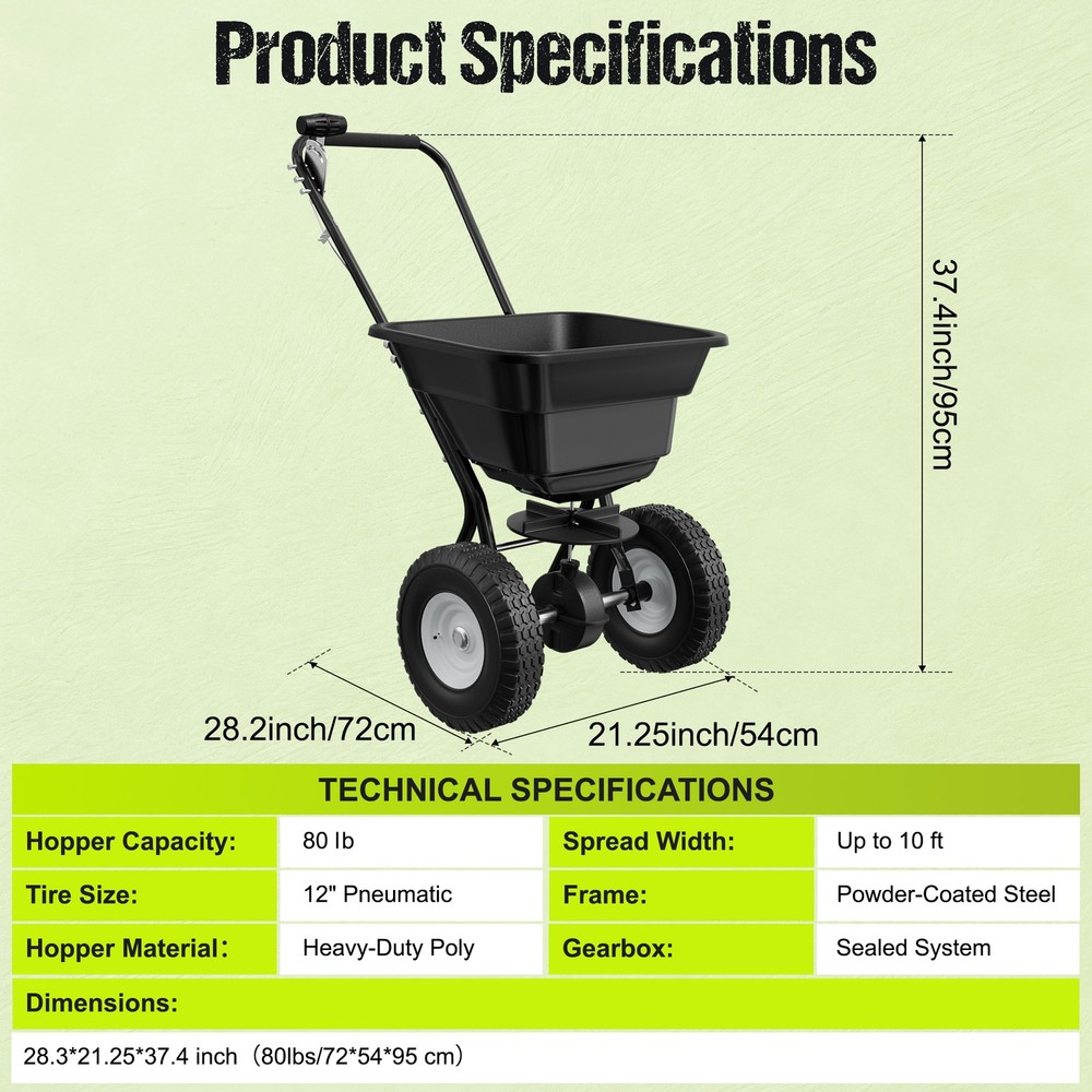 Push Lawn Spreader, 10ft Spreading Width, Broadcast Spreader with 80lbs Capacity