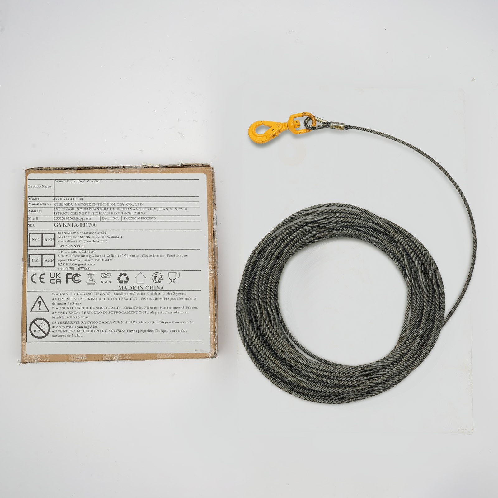 Wire Rope with Swivel Hook 3/8"x150ft Winch Cable with Self Locking Hook Safety