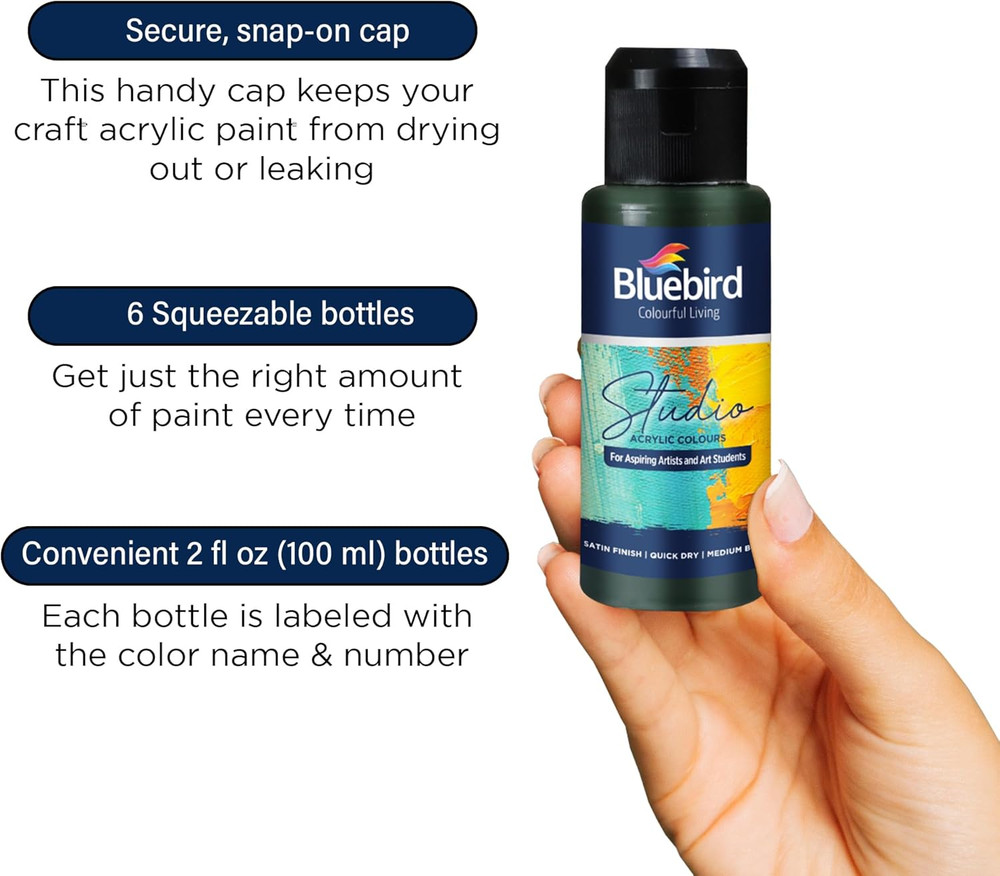 BLUEBIRD Studio Acrylic Paints, Primary Colors, 6-Pack 3.4 Fl Oz Each, Basic Acr