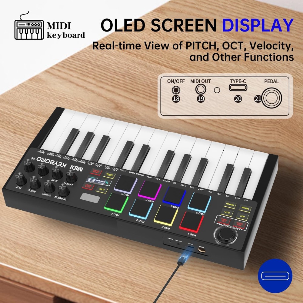 MIDI Keyboard Controllers，25-Key USB MIDI Keyboard with Backlit Drum Pads, Kn...