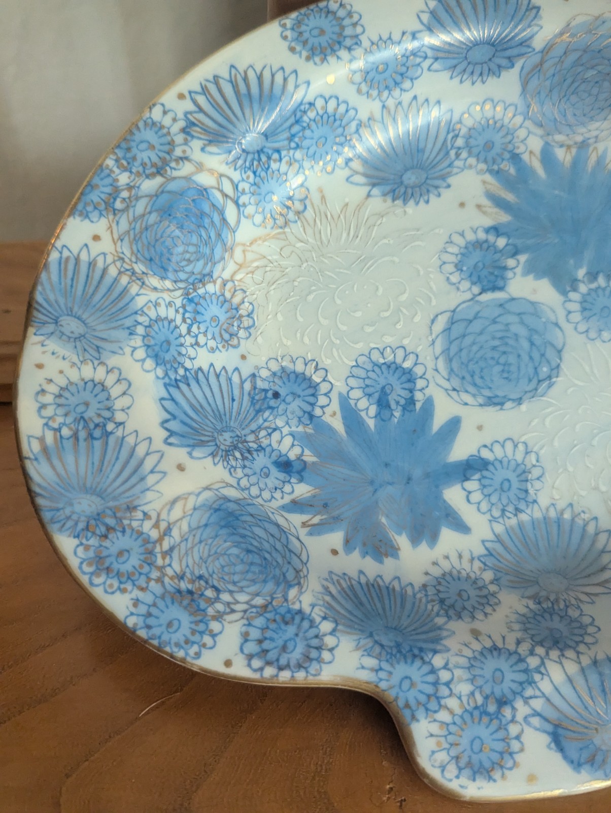 Vtg Kutani Gold Chrysanthemum Flower Japan Blue Trinket Dish Ashtray MCM Art