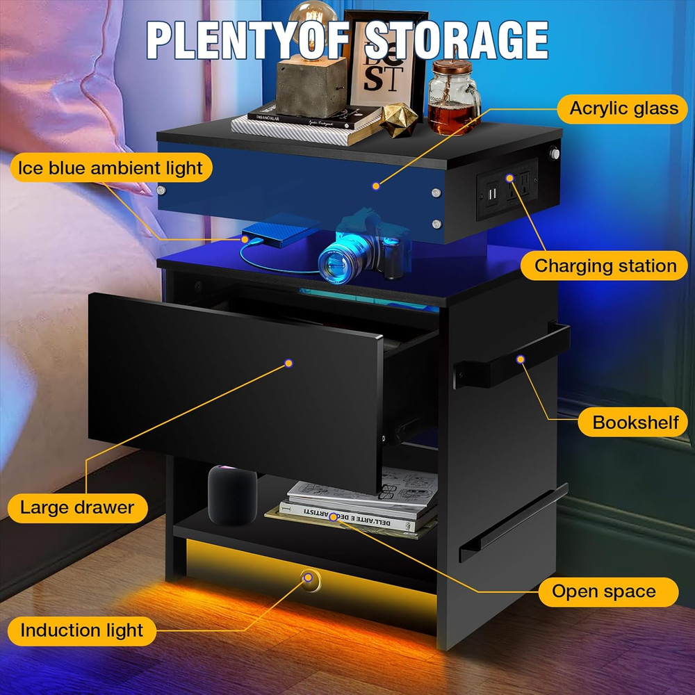 Nightstand with Induction Light & Side Charging Station, Modern Bedside Table wi