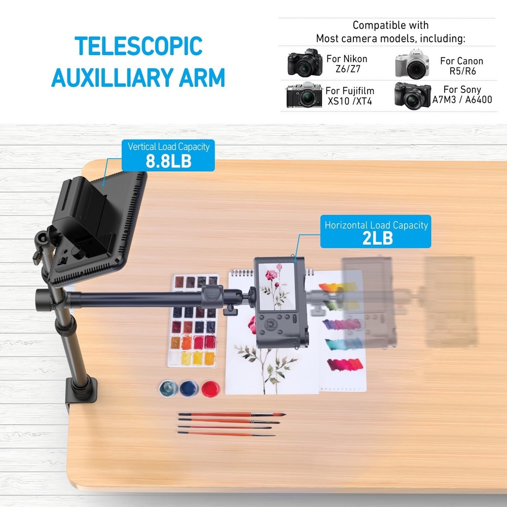 Overhead Camera Mount Table Stand with 2 Section Telescopic Arm, 13"-33" Adju...