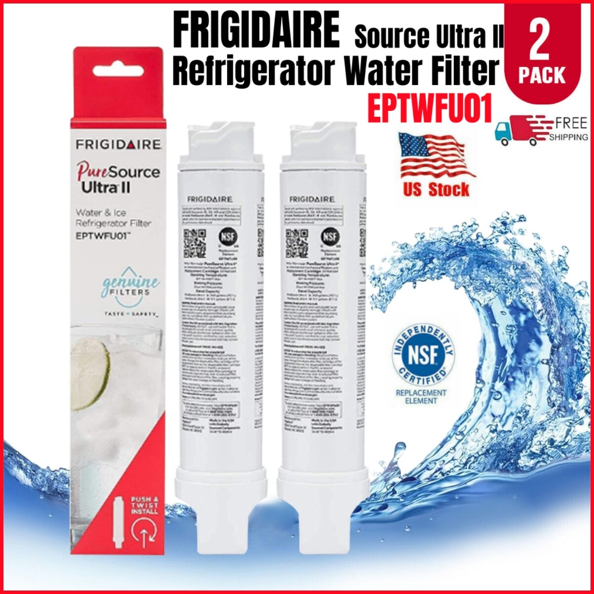 2 Pack Frigidaire EPTWFU01 Pure Source Ultra II Refrigerator Water Filter Sealed
