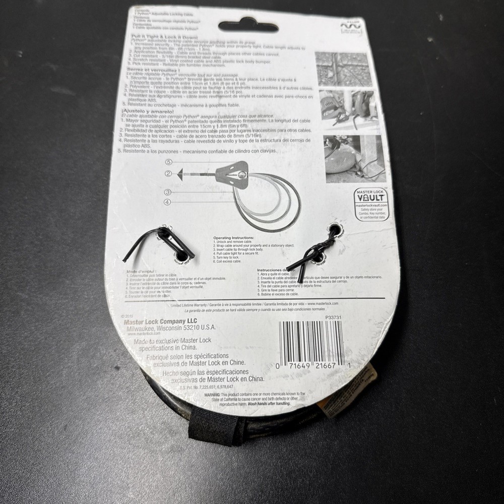 Master Lock Cable Lock, Python Adjustable Keyed Cable Lock, 6 ft. Long, Black,